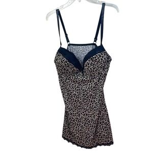 Leopard Print Cami Top Black Lace Trim Lingerie Tank Top‎